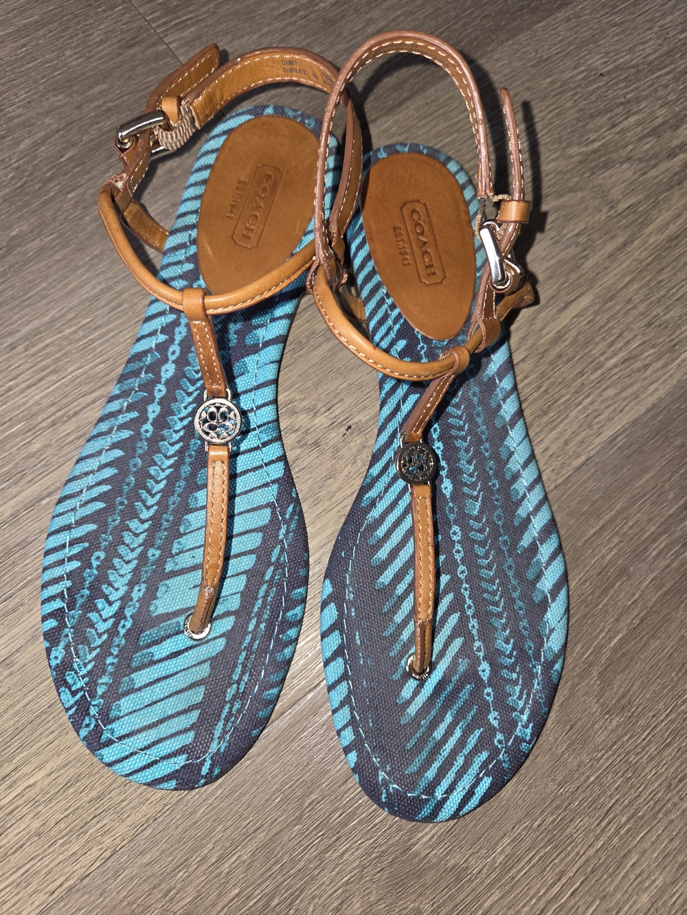 Coach Turquoise Patterned Footbed Tan Leather T-Strap Sandals